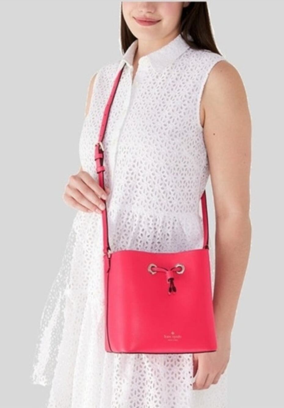 Kate Spade New York Marti Large Leather Bucket Crossbody Bag Coral Pink